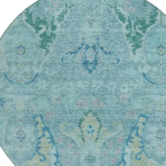 8' Blue Pale Aqua And Artichoke Green Round Floral Washable Indoor Outdoor Area Rug Photo 8