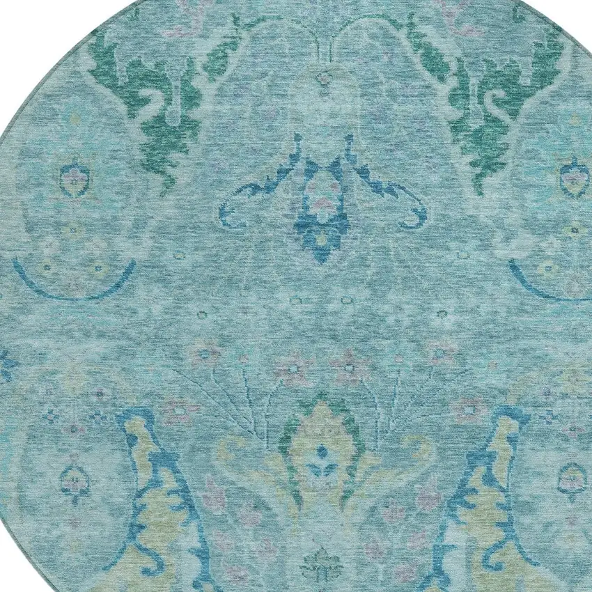 8' Blue Pale Aqua And Artichoke Green Round Floral Washable Indoor Outdoor Area Rug Photo 8