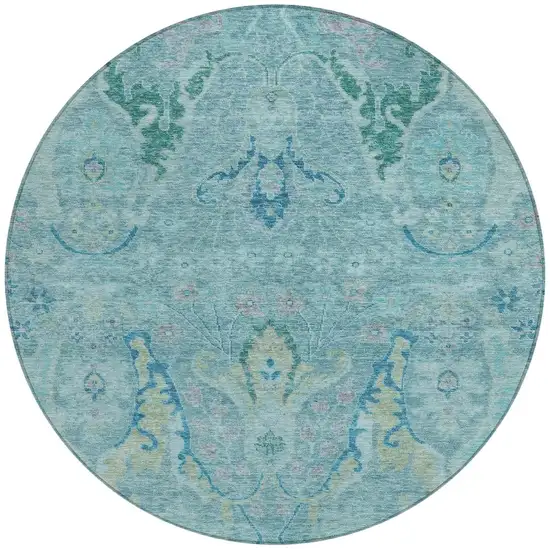 8' Blue Pale Aqua And Artichoke Green Round Floral Washable Indoor Outdoor Area Rug Photo 3