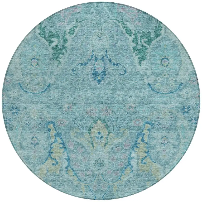 8' Blue Pale Aqua And Artichoke Green Round Floral Washable Indoor Outdoor Area Rug Photo 3