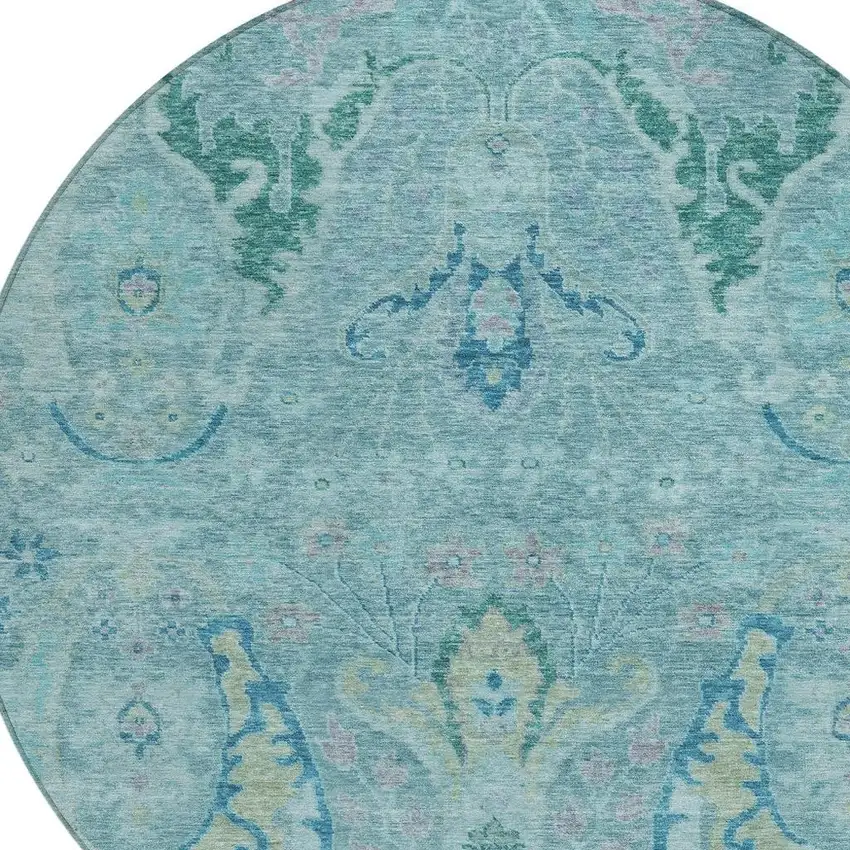8' Blue Pale Aqua And Artichoke Green Round Floral Washable Indoor Outdoor Area Rug Photo 4