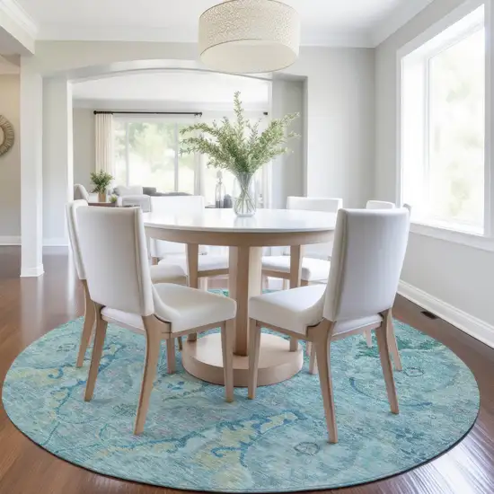 8' Blue Pale Aqua And Artichoke Green Round Floral Washable Indoor Outdoor Area Rug Photo 6