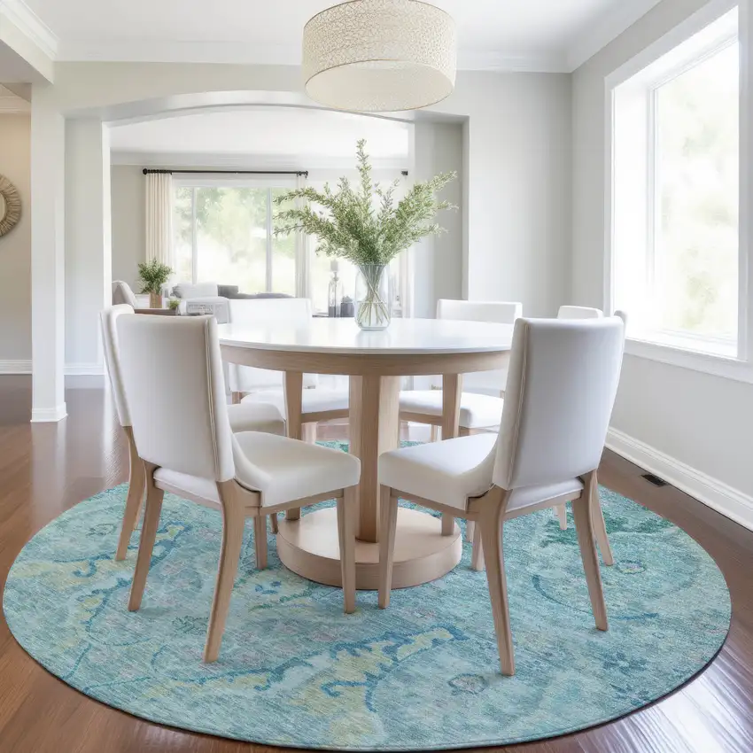 8' Blue Pale Aqua And Artichoke Green Round Floral Washable Indoor Outdoor Area Rug Photo 6