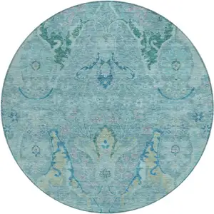 Photo of 8' Blue Pale Aqua And Artichoke Green Round Floral Washable Indoor Outdoor Area Rug