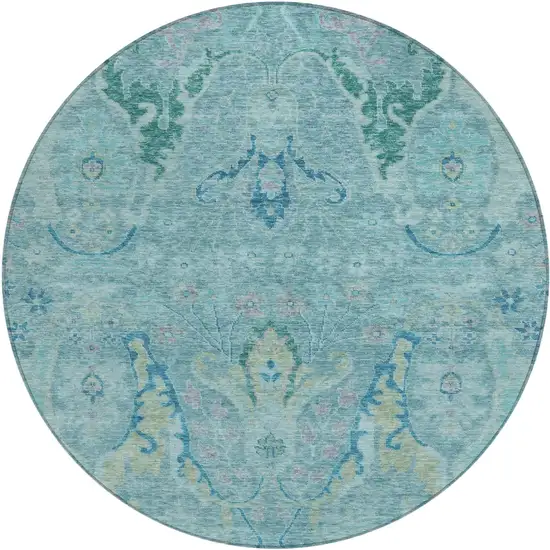 8' Blue Pale Aqua And Artichoke Green Round Floral Washable Indoor Outdoor Area Rug Photo 1