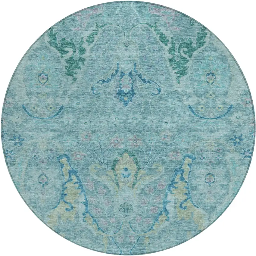 8' Blue Pale Aqua And Artichoke Green Round Floral Washable Indoor Outdoor Area Rug Photo 1