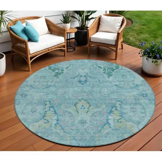 8' Blue Pale Aqua And Artichoke Green Round Floral Washable Indoor Outdoor Area Rug Photo 2