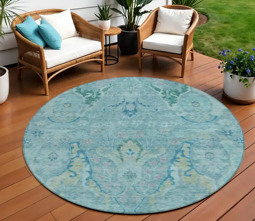 8' Blue Pale Aqua And Artichoke Green Round Floral Washable Indoor Outdoor Area Rug Photo 2