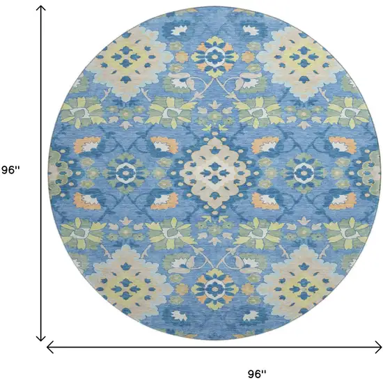8' Blue Peach And Fern Green Oriental Washable Round Rug With UV Protection Photo 9