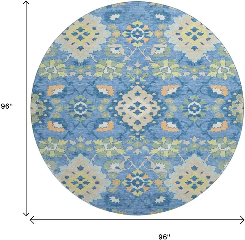 8' Blue Peach And Fern Green Oriental Washable Round Rug With UV Protection Photo 9