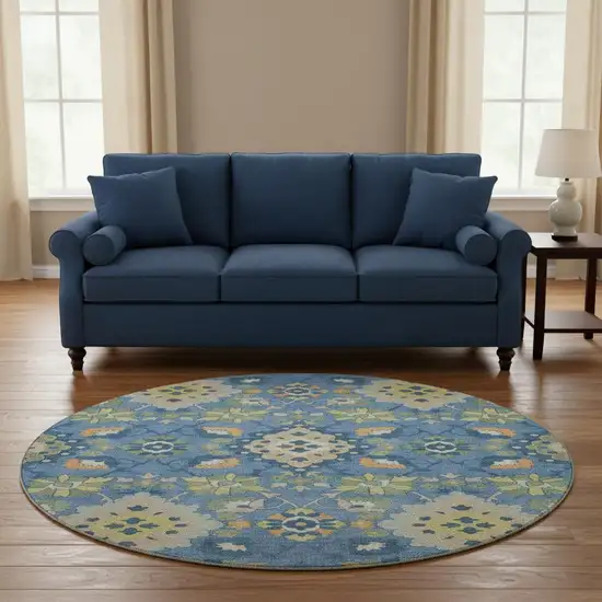 8' Blue Peach And Fern Green Oriental Washable Round Rug With UV Protection Photo 2
