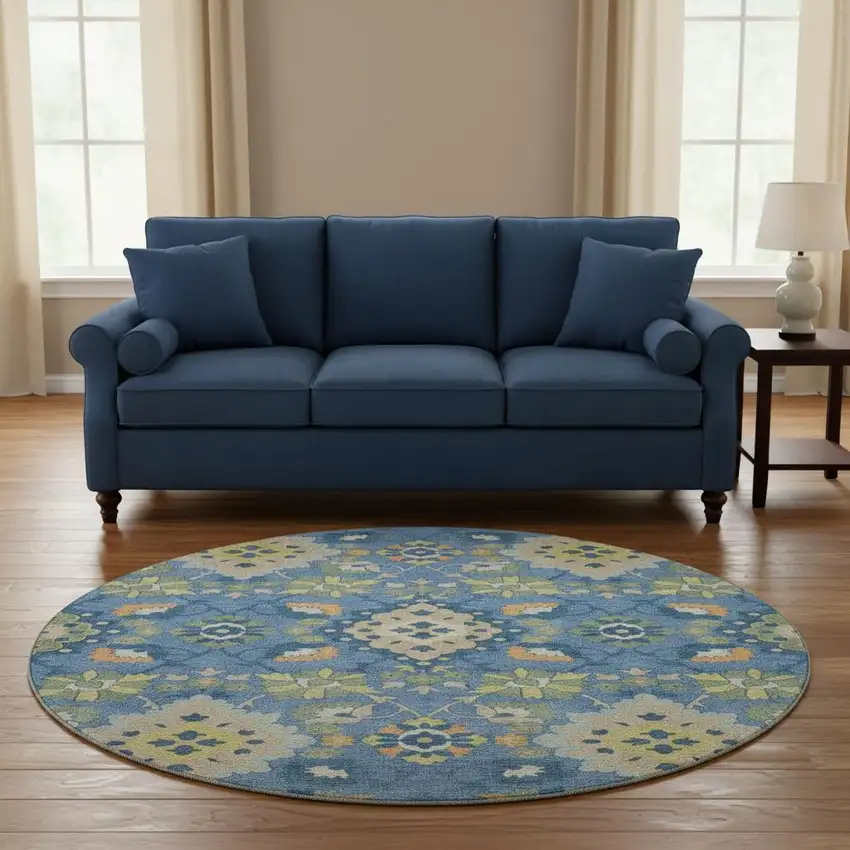 8' Blue Peach And Fern Green Oriental Washable Round Rug With UV Protection Photo 2