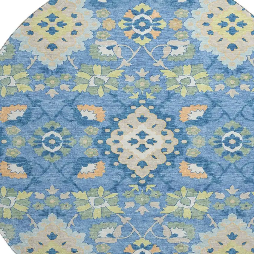 8' Blue Peach And Fern Green Oriental Washable Round Rug With UV Protection Photo 2