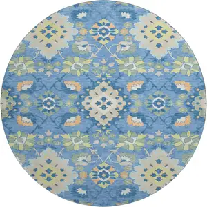Photo of 8' Blue Peach And Fern Green Oriental Washable Round Rug With UV Protection