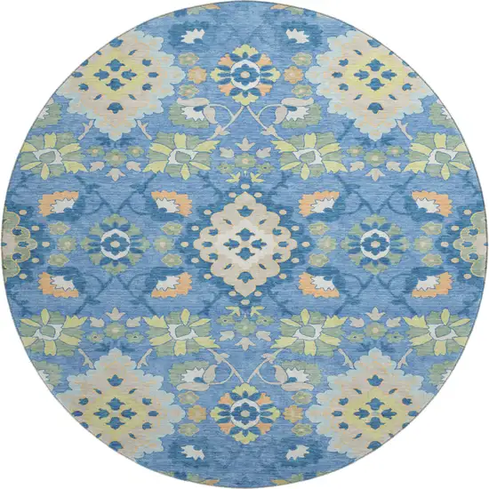 8' Blue Peach And Fern Green Oriental Washable Round Rug With UV Protection Photo 1