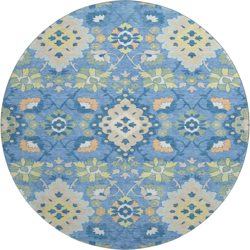 8' Blue Peach And Fern Green Oriental Washable Round Rug With UV Protection Photo 1