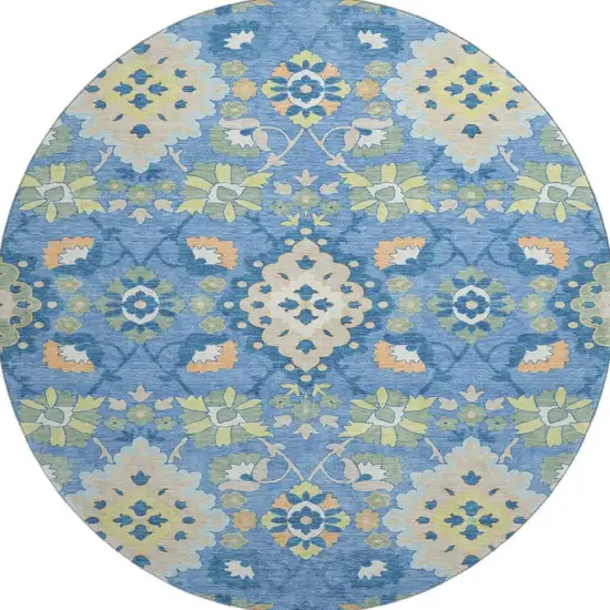 8' Blue Peach And Fern Green Oriental Washable Round Rug With UV Protection Photo 3