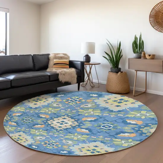 8' Blue Peach And Fern Green Oriental Washable Round Rug With UV Protection Photo 4
