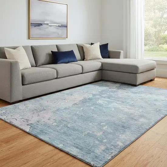 8' Blue Pink And Gray Abstract Washable Area Rug With UV Protection Photo 2