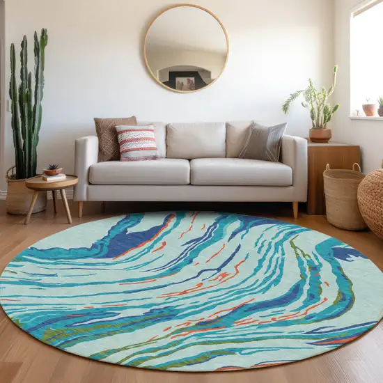 8' Blue Pink And Green Round Abstract Washable Indoor Outdoor Area Rug Photo 8