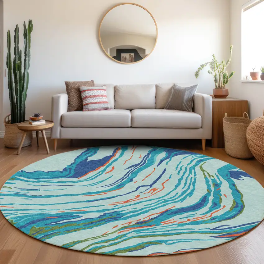 8' Blue Pink And Green Round Abstract Washable Indoor Outdoor Area Rug Photo 8
