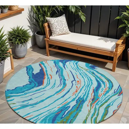 8' Blue Pink And Green Round Abstract Washable Indoor Outdoor Area Rug Photo 1