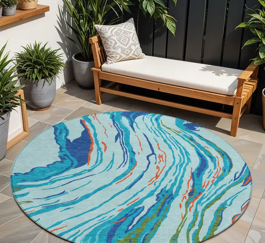 8' Blue Pink And Green Round Abstract Washable Indoor Outdoor Area Rug Photo 1