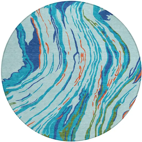8' Blue Pink And Green Round Abstract Washable Indoor Outdoor Area Rug Photo 2