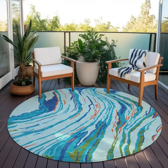 8' Blue Pink And Green Round Abstract Washable Indoor Outdoor Area Rug Photo 7