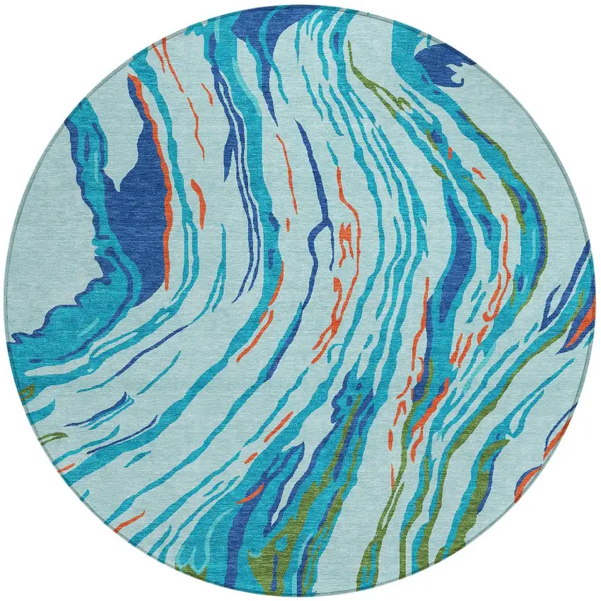 8' Blue Pink And Green Round Abstract Washable Indoor Outdoor Area Rug Photo 6