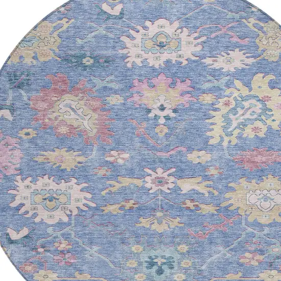 8' Blue Pink And Ivory Round Floral Washable Indoor Outdoor Area Rug Photo 6