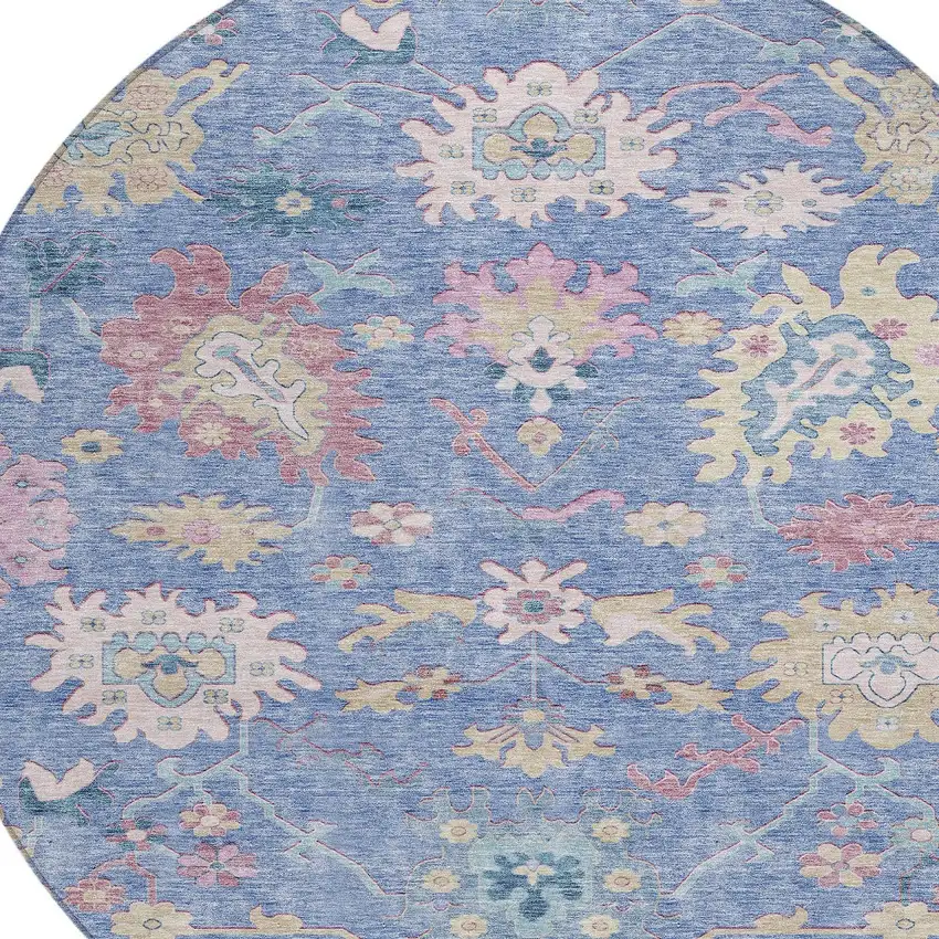 8' Blue Pink And Ivory Round Floral Washable Indoor Outdoor Area Rug Photo 6