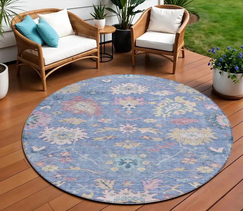 8' Blue Pink And Ivory Round Floral Washable Indoor Outdoor Area Rug Photo 1