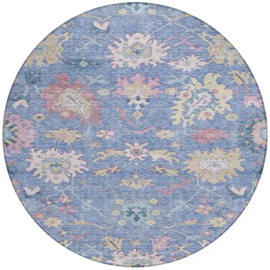 8' Blue Pink And Ivory Round Floral Washable Indoor Outdoor Area Rug Photo 7