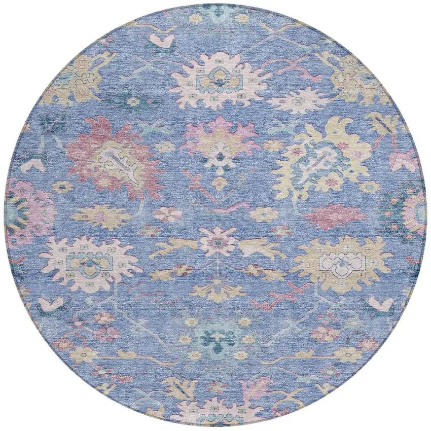 8' Blue Pink And Ivory Round Floral Washable Indoor Outdoor Area Rug Photo 7