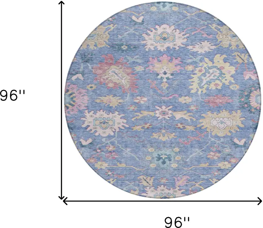 8' Blue Pink And Ivory Round Floral Washable Indoor Outdoor Area Rug Photo 8