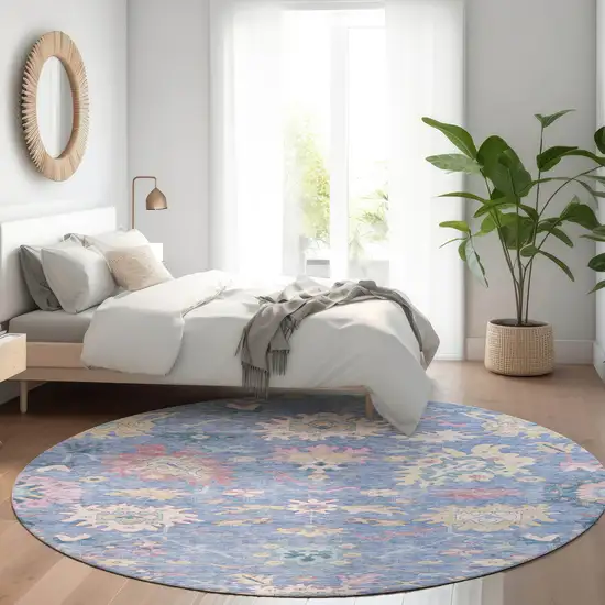 8' Blue Pink And Ivory Round Floral Washable Indoor Outdoor Area Rug Photo 9