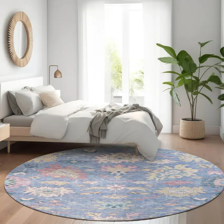 8' Blue Pink And Ivory Round Floral Washable Indoor Outdoor Area Rug Photo 9