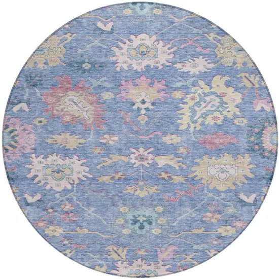 8' Blue Pink And Ivory Round Floral Washable Indoor Outdoor Area Rug Photo 2