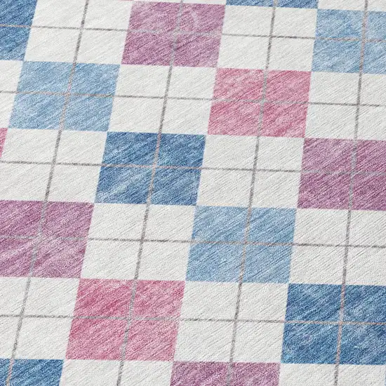 8' Blue Pink And Ivory Round Geometric Washable Indoor Outdoor Area Rug Photo 8
