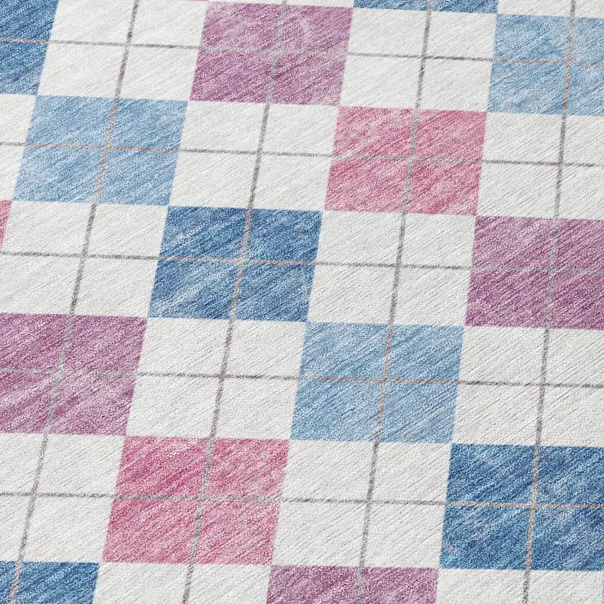 8' Blue Pink And Ivory Round Geometric Washable Indoor Outdoor Area Rug Photo 8