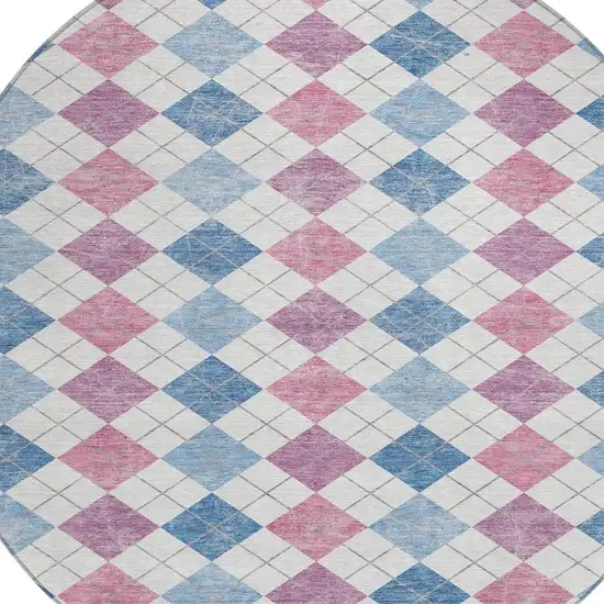 8' Blue Pink And Ivory Round Geometric Washable Indoor Outdoor Area Rug Photo 6