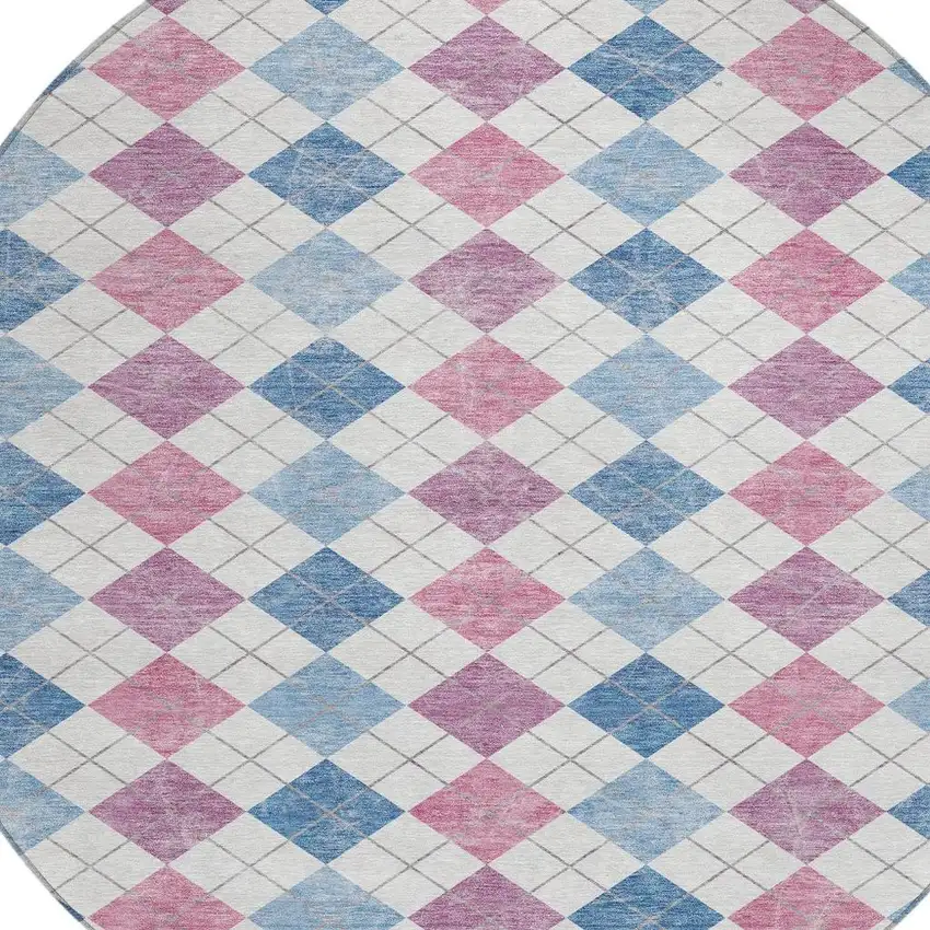 8' Blue Pink And Ivory Round Geometric Washable Indoor Outdoor Area Rug Photo 6