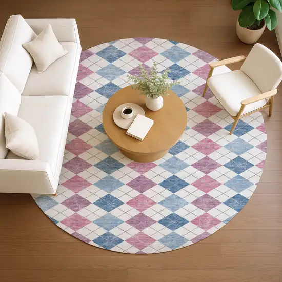 8' Blue Pink And Ivory Round Geometric Washable Indoor Outdoor Area Rug Photo 9