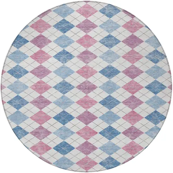 8' Blue Pink And Ivory Round Geometric Washable Indoor Outdoor Area Rug Photo 4