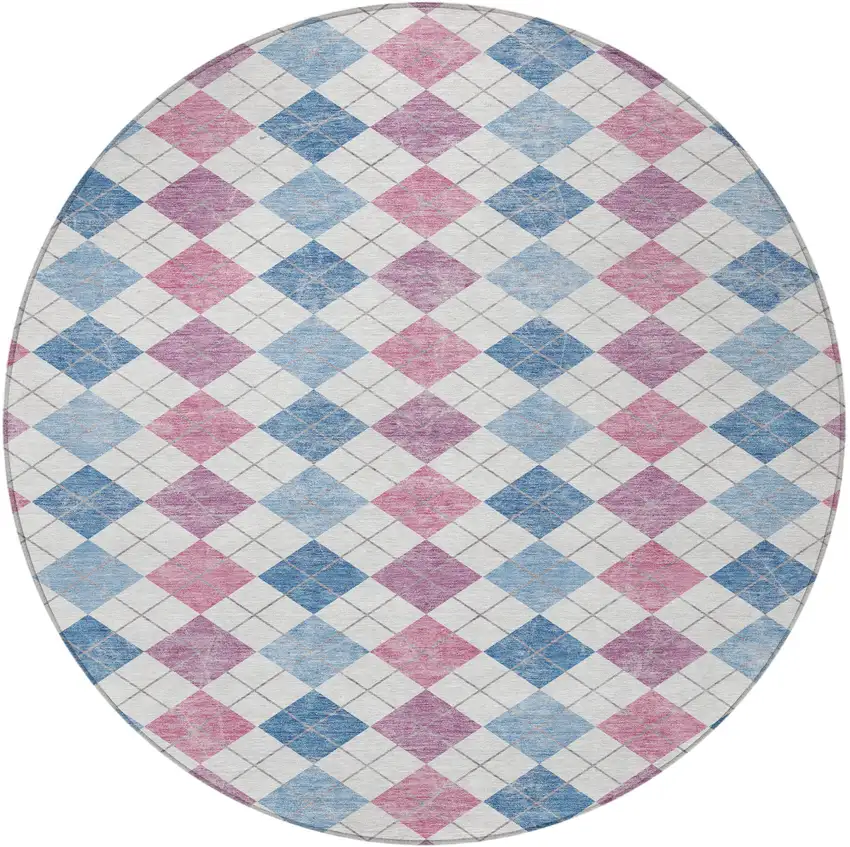 8' Blue Pink And Ivory Round Geometric Washable Indoor Outdoor Area Rug Photo 4