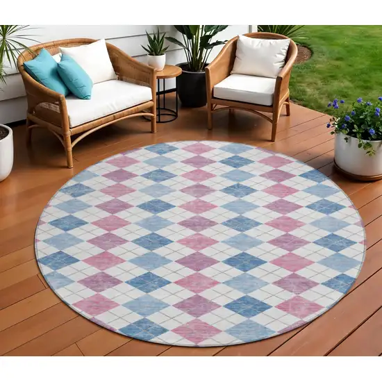 8' Blue Pink And Ivory Round Geometric Washable Indoor Outdoor Area Rug Photo 1