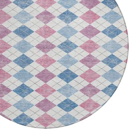 8' Blue Pink And Ivory Round Geometric Washable Indoor Outdoor Area Rug Photo 5