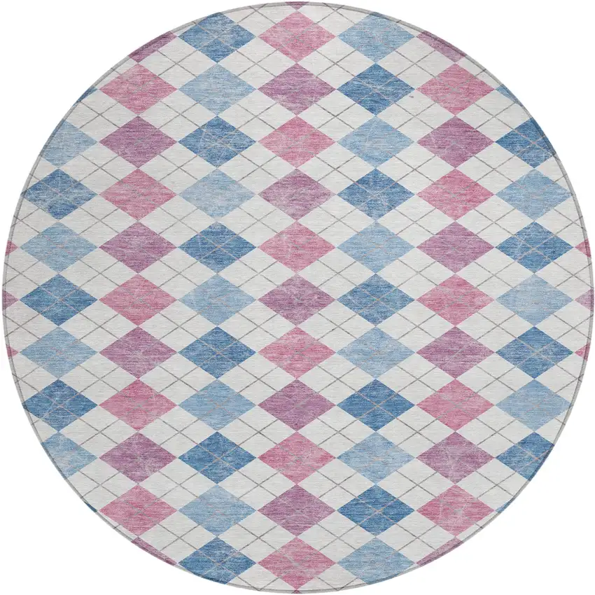8' Blue Pink And Ivory Round Geometric Washable Indoor Outdoor Area Rug Photo 2
