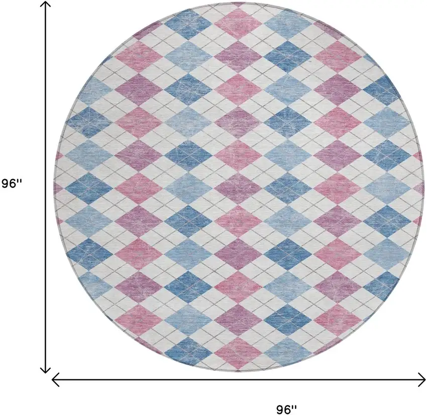 8' Blue Pink And Ivory Round Geometric Washable Indoor Outdoor Area Rug Photo 3